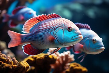 Fototapeta premium School of vibrant parrotfish grazing on coral polyps, essential for reef health, Generative AI