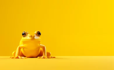 Schilderijen op glas Creative animal concept, macro shot of yellow frog over yellow pastel bright background. © Curioso.Photography