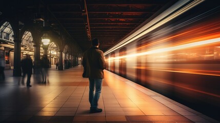 Long exposure picture with lonely young man shot from behind at subway station with blurry moving train and walking people in background