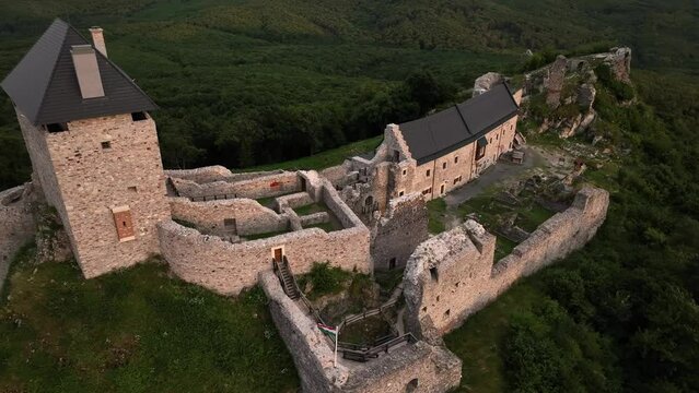 Aerial view of Regec Castle in Hungary - sunset