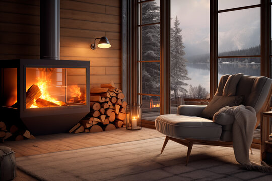 A rustic Scandinavian cabin interior with a large stone fireplace. The room features exposed wooden beams, a plush fur rug, and comfortable seating arranged around the fireplace.