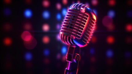 Karaoke Microphone with illuminated neon lights on a dark background.AI generated image - obrazy, fototapety, plakaty