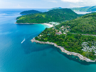 Aerial view drone shot of Tropical seashore in Phuket island thailand,Beautiful sea landscape...