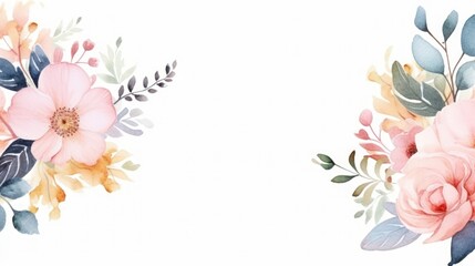 Floral border frame drawn watercolor with copy space on white background.AI generated image - obrazy, fototapety, plakaty