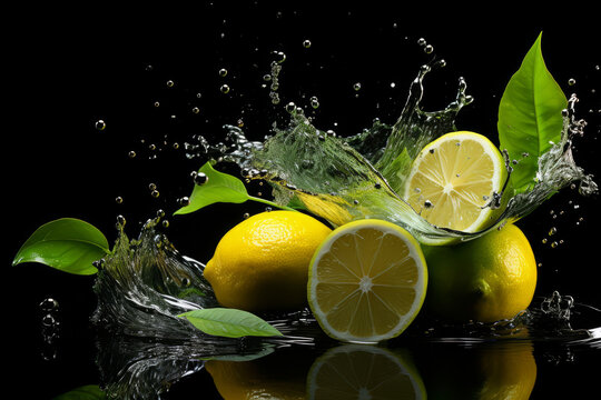 Lemons with a splash of water on a black background.