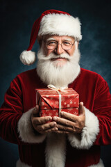 Portrait of Santa Claus holding a gift box and looking at camera on dark background.