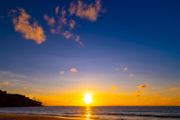 Beautiful colorful sunset or sunrise sky over sea with dramatic clouds nature environment background