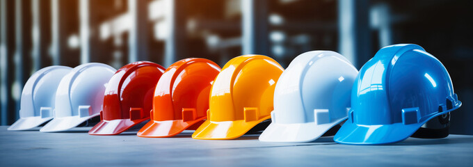 Safety banner. Building construction engineering concept background. Safety construction worker helmet