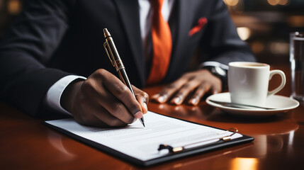 Close up young businessman standing near table with pen in hands, ready signing profitable offer agreement after checking contract terms of conditions, executive manager involved in legal paperwork.