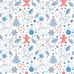 Naklejka premium Seamless pattern with Christmas details. Wrapping holiday paper. Isolated on white. 