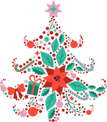 Christmas details in a modern flat art style. Festive illustration. Poinsettia flower, a present, a bow, a red bird.