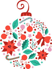 Christmas details in a modern flat art style. Festive illustration. Poinsettia flower, a present, a bow, a red bird.