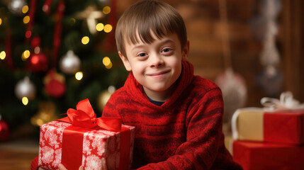Fototapeta na wymiar smiling little boy with down syndrome among Christmas decorations and gift boxes. disabled child in a red sweater