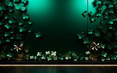 Elegant green wall with green shamrocks and empty space for text. Saint Patrick's Day still life concept.