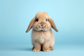 Obraz premium Studio portrait of cute rabbit with light and pastel background, happy bunny running on floor, adorable fluffy rabbit that sniffing.