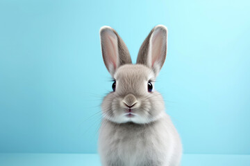 Studio portrait of cute rabbit with light and pastel background, happy bunny running on floor,...