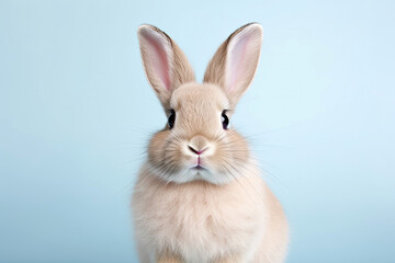 Studio portrait of cute rabbit with light and pastel background, happy bunny running on floor, adorable fluffy rabbit that sniffing.