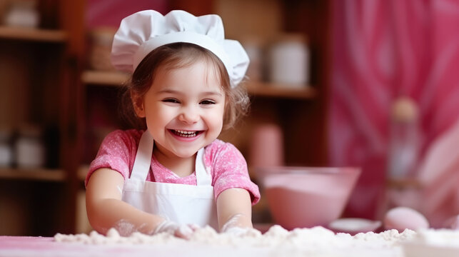 Сute little girl in sheff hat smile and make baked goods in a pink minimalist kitchen. Child soiled in flour, learning to cook, fun home activity.