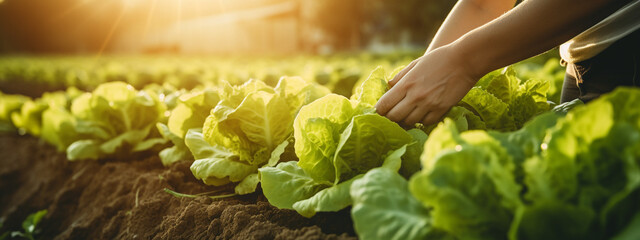 a male farmer holds lettuce in his hands on the background of a field with lettuce