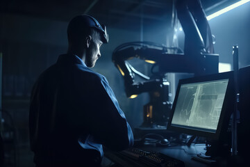 Engineer working on desktop computer, screen showing software,