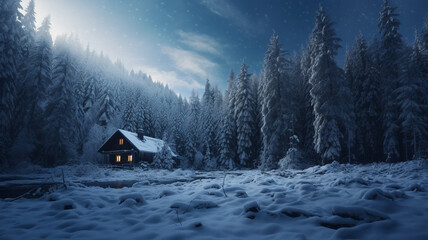Cabin in snow forest in winter