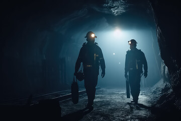 uniformed engineers and workers walk around the plant using flashlights on their helmets. - obrazy, fototapety, plakaty