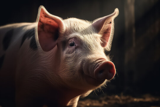 portrt of a pig in a pig farm in a neat and clean indoor livestock farm.