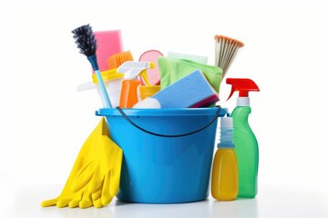 Set of detergents, cleaning tools. Brushes, mop. Place for text.