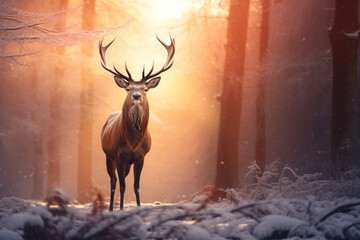 Red deer standing on frost snow in the forest with sun rising background.