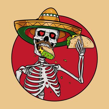 Mexican skeleton with sombero eating taco illustration and tshirt design