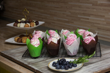 Colorful handmade cupcakes on the table in the kitchen