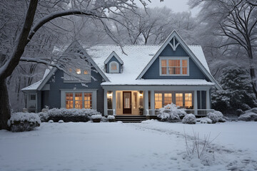 Naklejka premium Snow in front of house in winter.