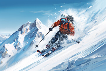 Sportman playing ski on mountain in the winter - obrazy, fototapety, plakaty