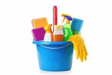 Set of detergents, cleaning tools. Brushes, mop. Place for text.