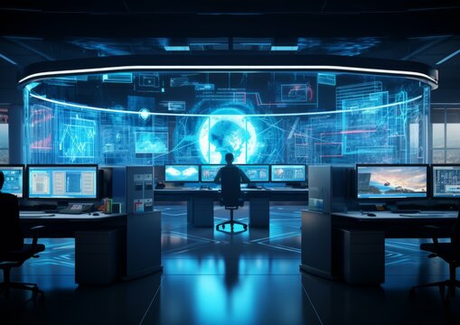 Engineer IT silhouette in big database server center in office. Ultra high speed data server transfer. Technology science background concept