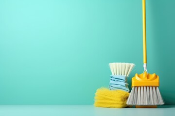 Set of detergents, cleaning tools. Brushes, mop. Place for text.