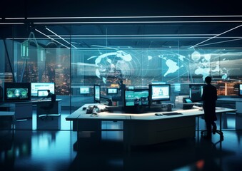 Engineer IT silhouette in big database server center in office. Ultra high speed data server transfer. Technology science background concept