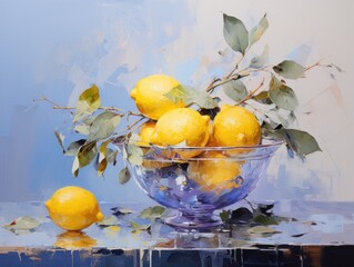 still life with lemons in a bowl, impressionism style oil painting wall art poster © lublubachka