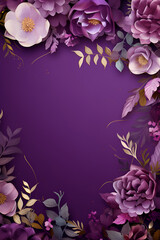 violet, golden floral, purple background with space, wedding invitation