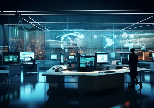 Engineer IT silhouette in big database server center in office. Ultra high speed data server transfer. Technology science background concept