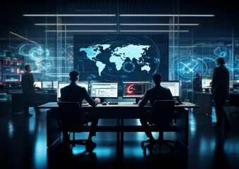 Engineer IT silhouette in big database server center in office. Ultra high speed data server transfer. Technology science background concept