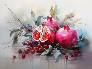 still life with pomegranate, impressionism style oil painting wall art poster