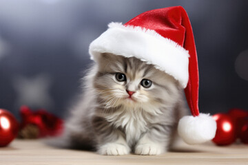 Cute siberian kitten with christmas hat on bokeh background.