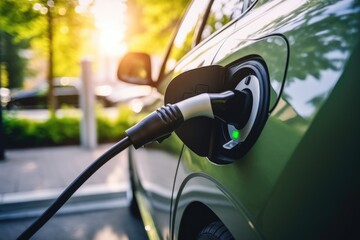 Eco-friendly transport: electric car connected to a charging station amid a sunny, green environment. Generated AI