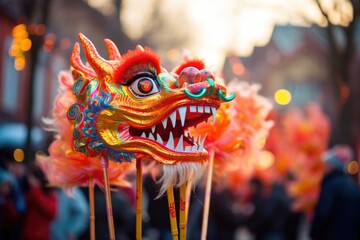 Dragon mask brings festive energy to the Chinese New Year celebration, dancing amid a cheerful street gathering. Generated AI - obrazy, fototapety, plakaty
