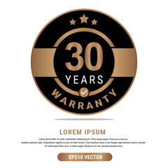 30 Year warranty vector art illustration in emas color with fantastic font and white background. Eps10 Vector