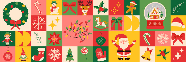 Christmas icons elements with geometric pattern. Vector flat design for poster card, wallpaper, poster, banner, packaging.