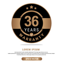 36 Year warranty vector art illustration in emas color with fantastic font and white background. Eps10 Vector