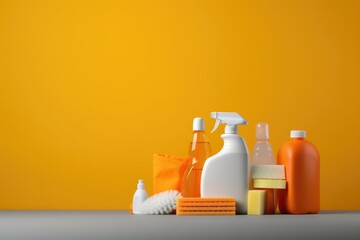 Set of detergents, cleaning tools. Brushes, mop. Place for text. - obrazy, fototapety, plakaty
