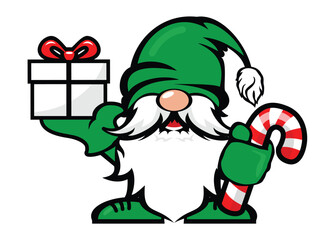 Cute cheerful christmas gnome with candy cane and gift box. Vector template on transparent background